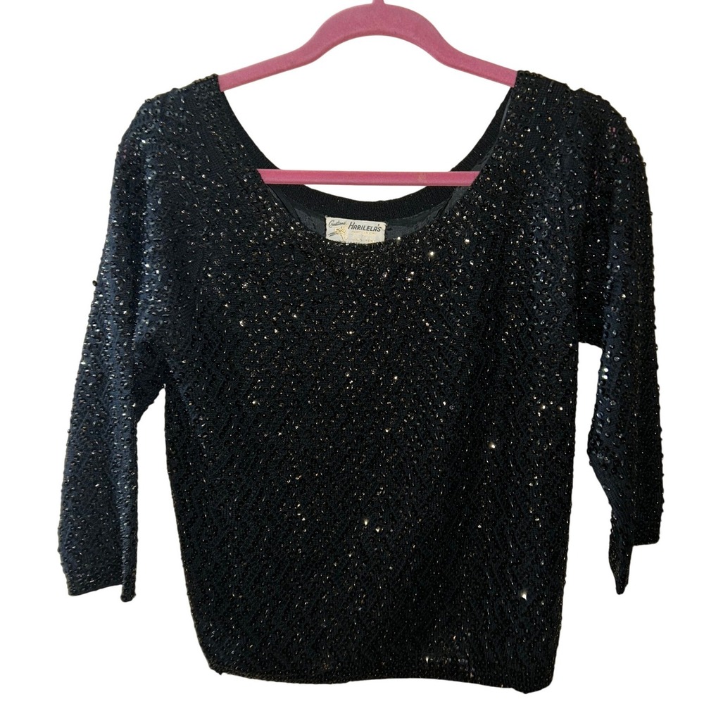 Creations by Harilela Vintage Black Sequin Hand Beaded Lambswool Sweater Top 40